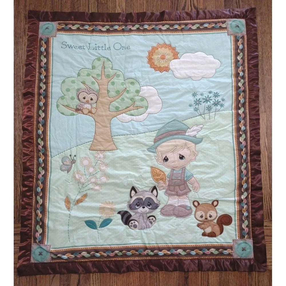 Precious Moments Sweet Little One Baby Blanket Woodland Boy Quilt Satin Trim